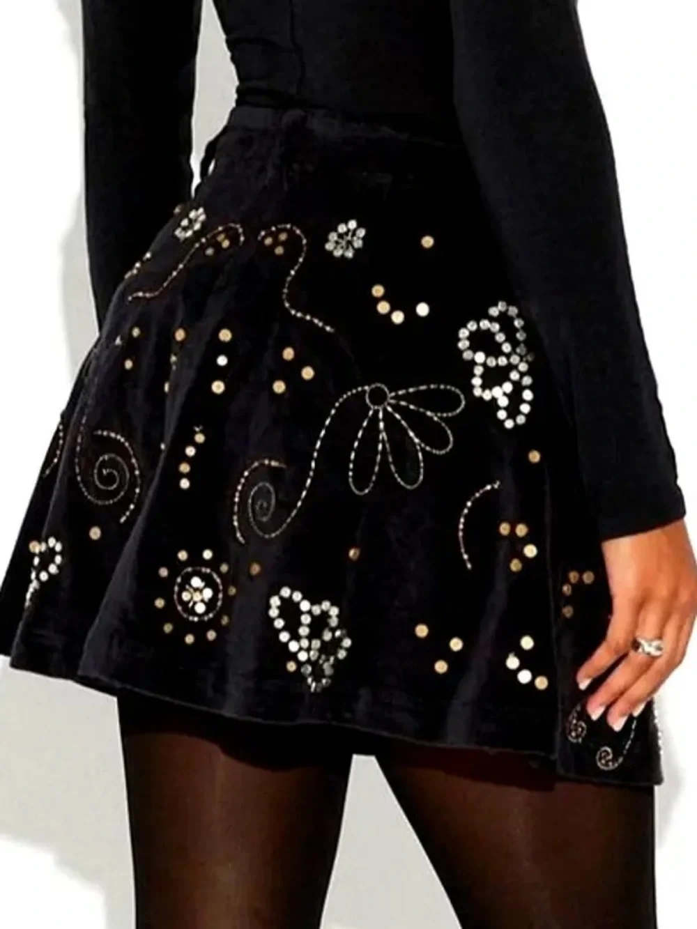 Free People Black Velvet Embellished Circle Skirt